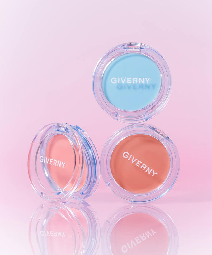 Three GIVERNY Dewy Gel Glow Blusher 2.7g containers on a pink background showcasing vibrant colors.