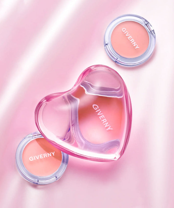 GIVERNY Dewy Gel Glow Blusher 2.7g in stylish heart-shaped packaging against a pink background, featuring two compact blushers.