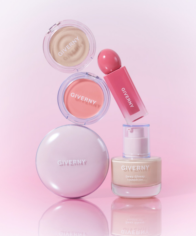 GIVERNY Dewy Glassy Foundation 30ml (SPF38, PA++) with makeup collection on pink background