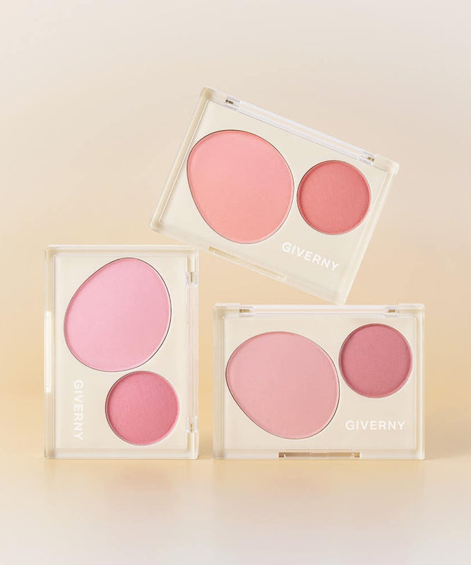 Three GIVERNY Fluffy Dual Blusher 7.4g compacts displaying different shades of pink blush.