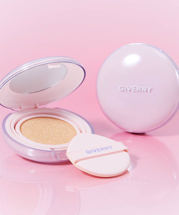 GIVERNY Dewy Glassy Cushion 13gX2 (Main Product + Refill) (SPF 50+ PA+++) beauty product packaging on pink background