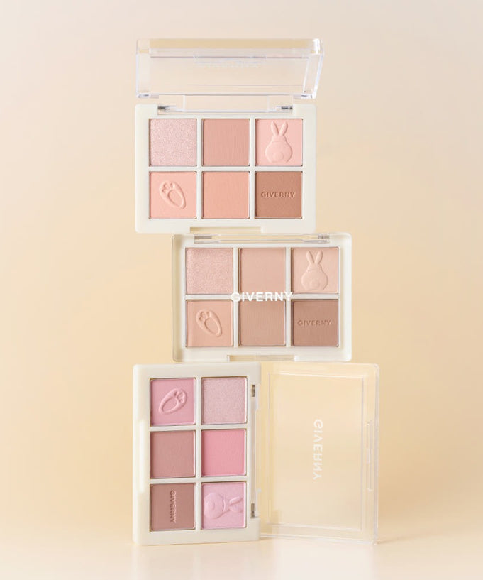 GIVERNY Soft Eye Palette 6-Color 5g (3 Colors) featuring three palettes stacked showcasing various soft pink and nude shades.