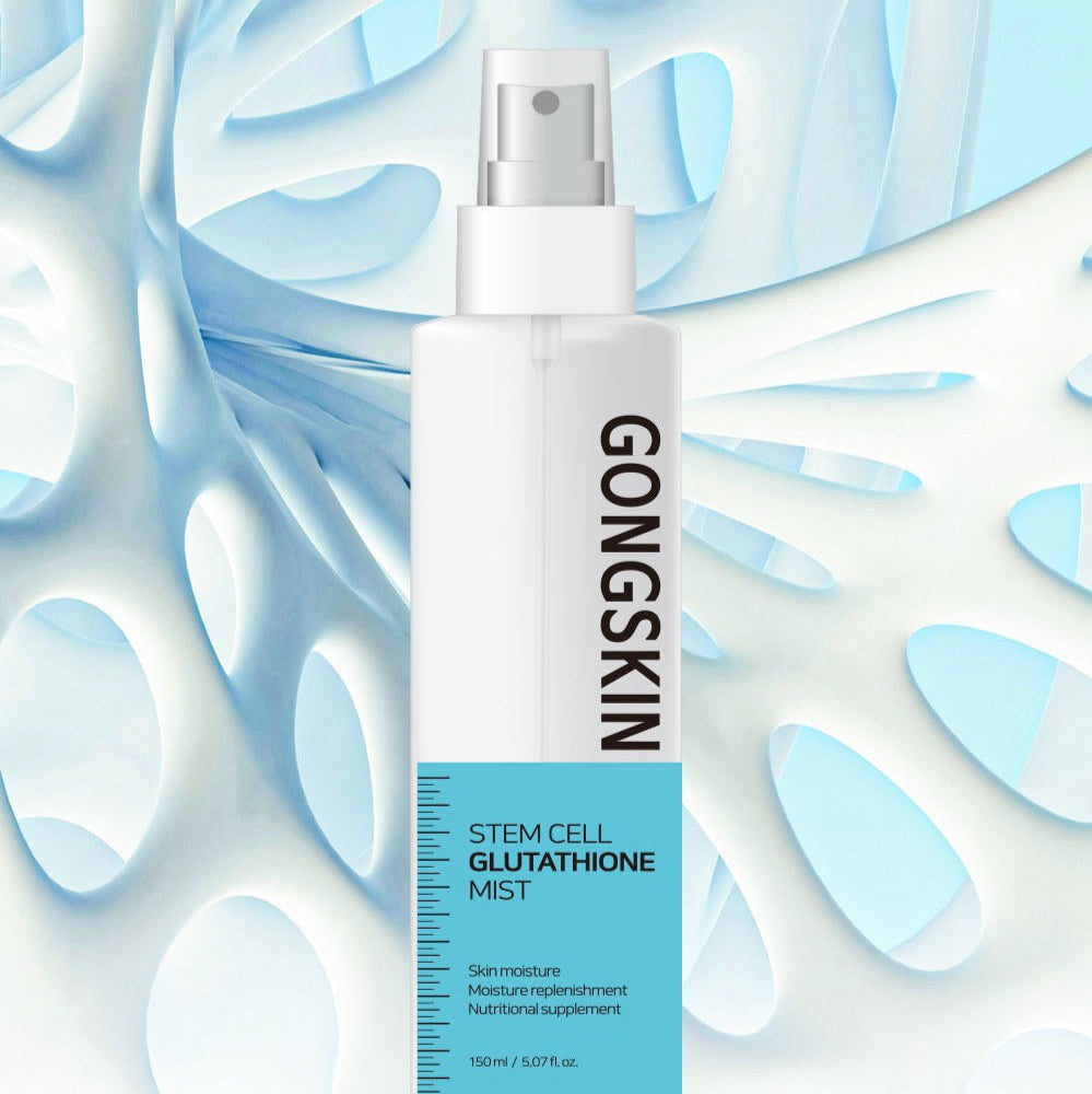 GONGSKIN Stem Cell Glutathione Mist 150ml skincare product with moisturizing and nourishing benefits on a blue abstract background