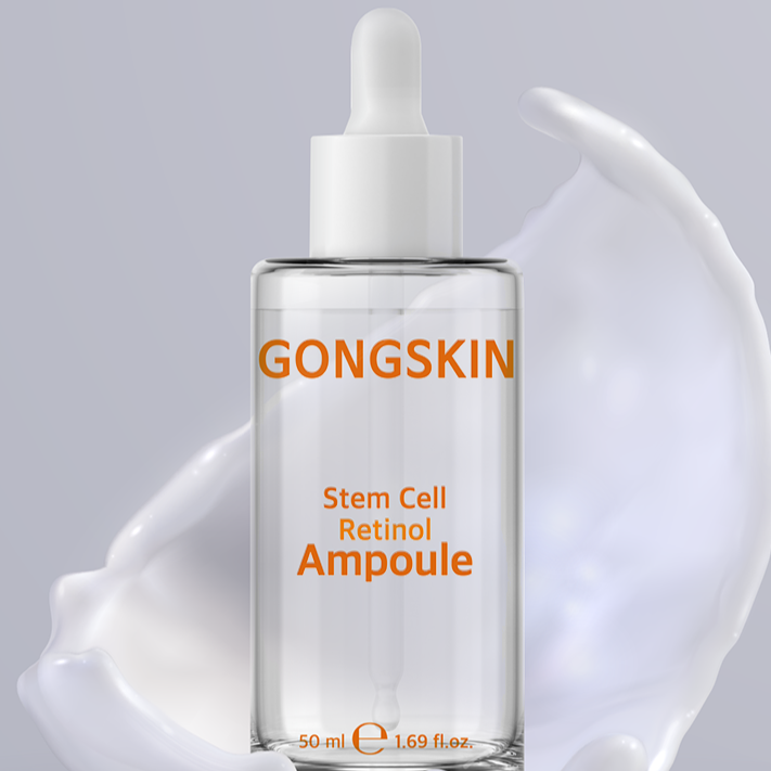 GONGSKIN Stem Cell Retinol Ampoule 50ml with clear dropper bottle against a soft background. Luxurious skincare product.