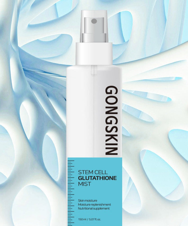 GONGSKIN Stem Cell Glutathione Mist 150ml skincare product with moisturizing and nourishing benefits on a blue abstract background