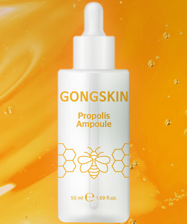 GONGSKIN Propolis Ampoule 50ml skincare product in front of an orange background with honeycomb design details on the bottle.