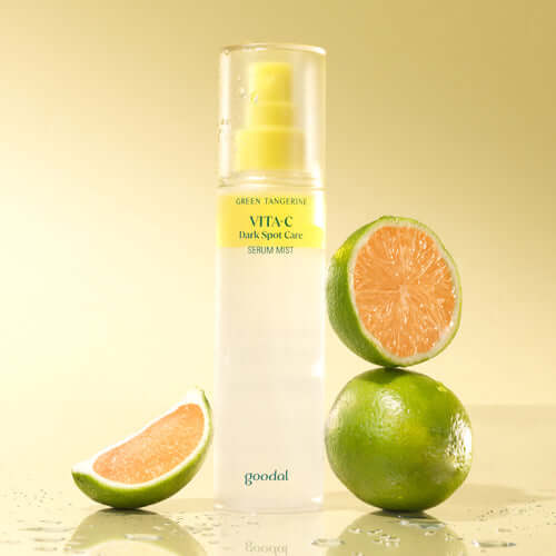GOODAL Green Tangerine Vita C Serum Mist 100ml with sliced green tangerines against a light background.