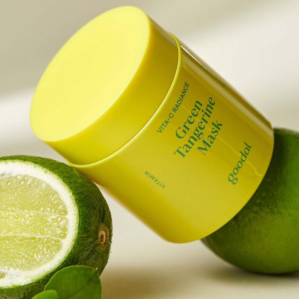 GOODAL Green Tangerine Vita C Wash-Off Mask 110g with sliced green tangerine, highlighting face mask benefits and packaging.