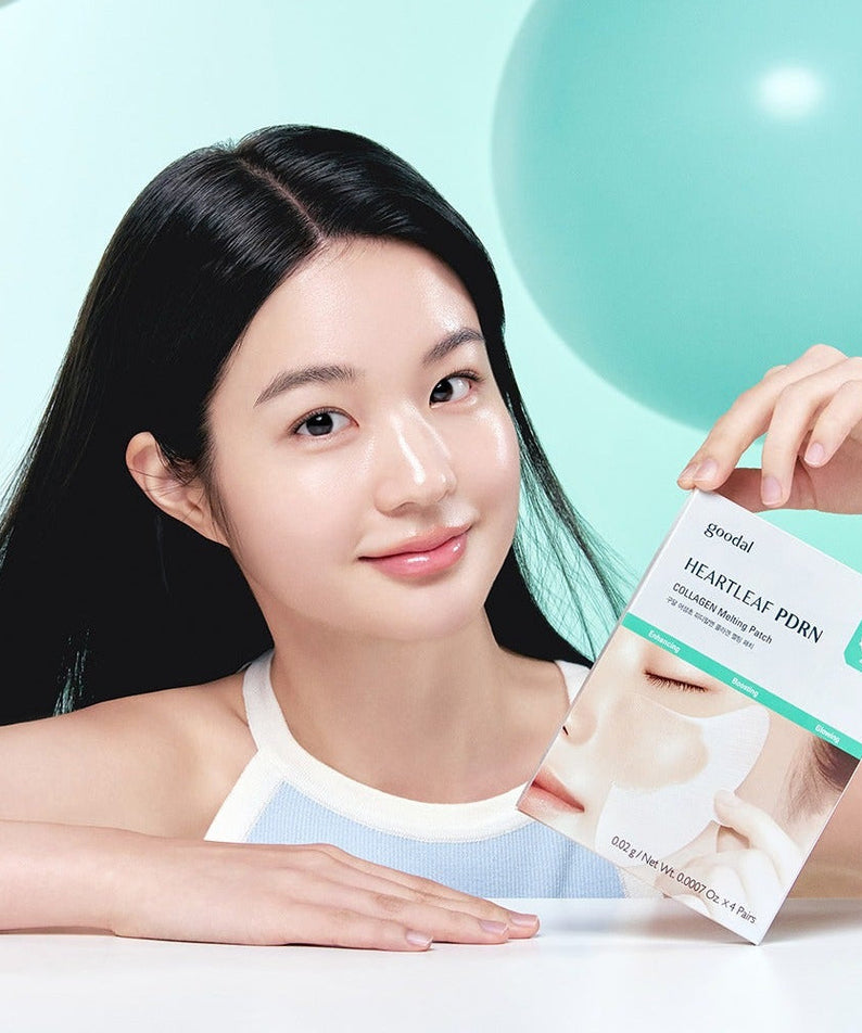 GOODAL Heartleaf PDRN Collagen Melting Patch (4 sheets) shown with woman holding the product and smiling.