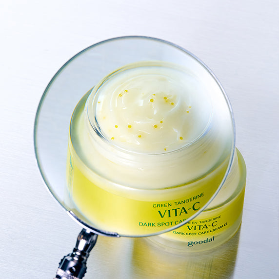 GOODAL Green Tangerine Vita C Spot Care Cream Alpha 75ml in jar with magnifying glass