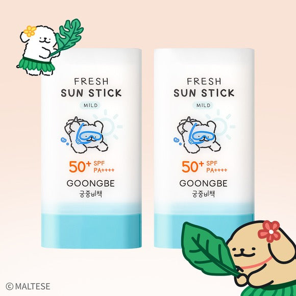 GOONGBE Fresh Sun Stick Mild 23g [Gungjungbicheok x Maltese] product image with two sun sticks and cartoon mascots.