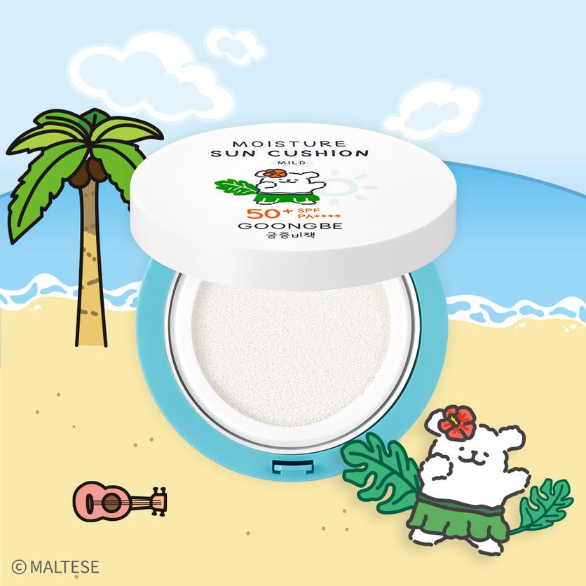 GOONGBE Moisture Sun Cushion Mild 14g [Gungjungbicheok x Maltese] displayed on a tropical beach with palm trees and sunshine.
