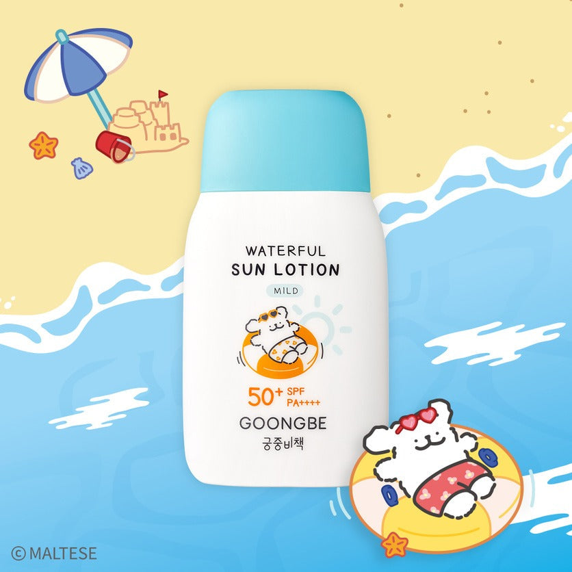 GOONGBE Waterfull Sun Lotion Mild 80g [Gungjungbicheok x Maltese] SPF 50+ bottle on a sunny beach background with playful cartoon clouds.