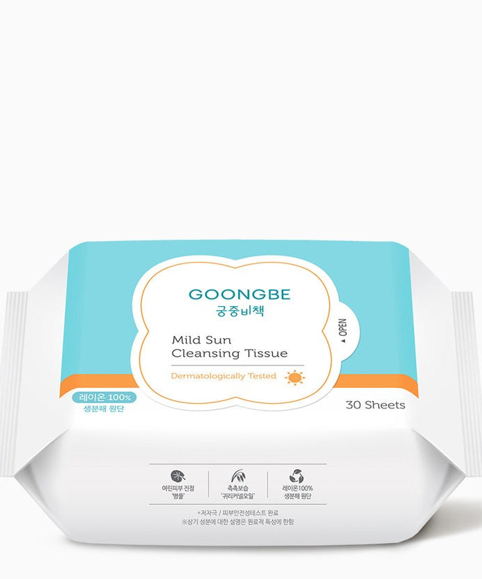 GOONGBE Mild Sun Cleansing Tissue 30 sheets pack with dermatologically tested label displayed on packaging.