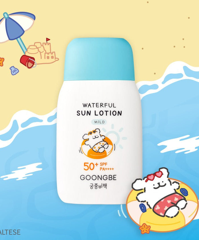 GOONGBE Waterfull Sun Lotion Mild 80g [Gungjungbicheok x Maltese] SPF 50+ bottle on a sunny beach background with playful cartoon clouds.