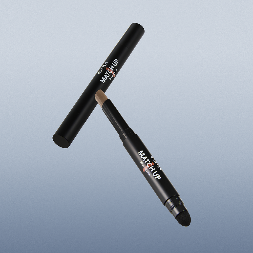 GRAFEN Match Up Shading Stick Neutral Brown 1.8g displayed with sleek black dual-ended shading stick and sponge applicator by Gentleman Korea
