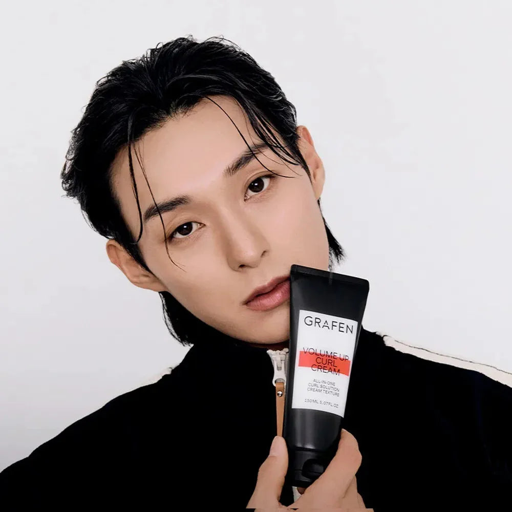 Gentleman Korea model holding GRAFEN Volume Up Curl Cream 150ml for men, Korean skincare styling product