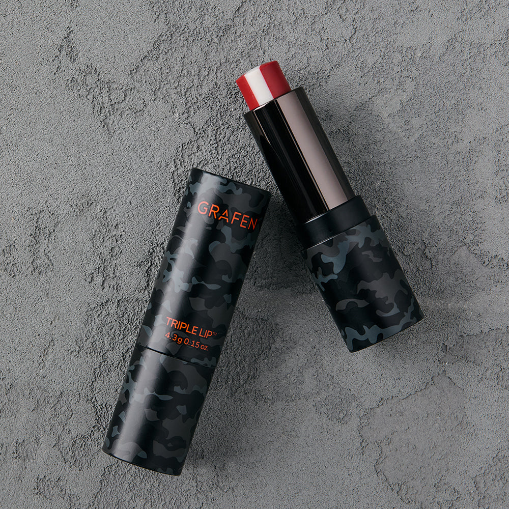 GRAFEN Triple Lip 4.3g men’s camo lip balm product shot by Gentleman Korea, sleek black camo tube with red-tinted balm