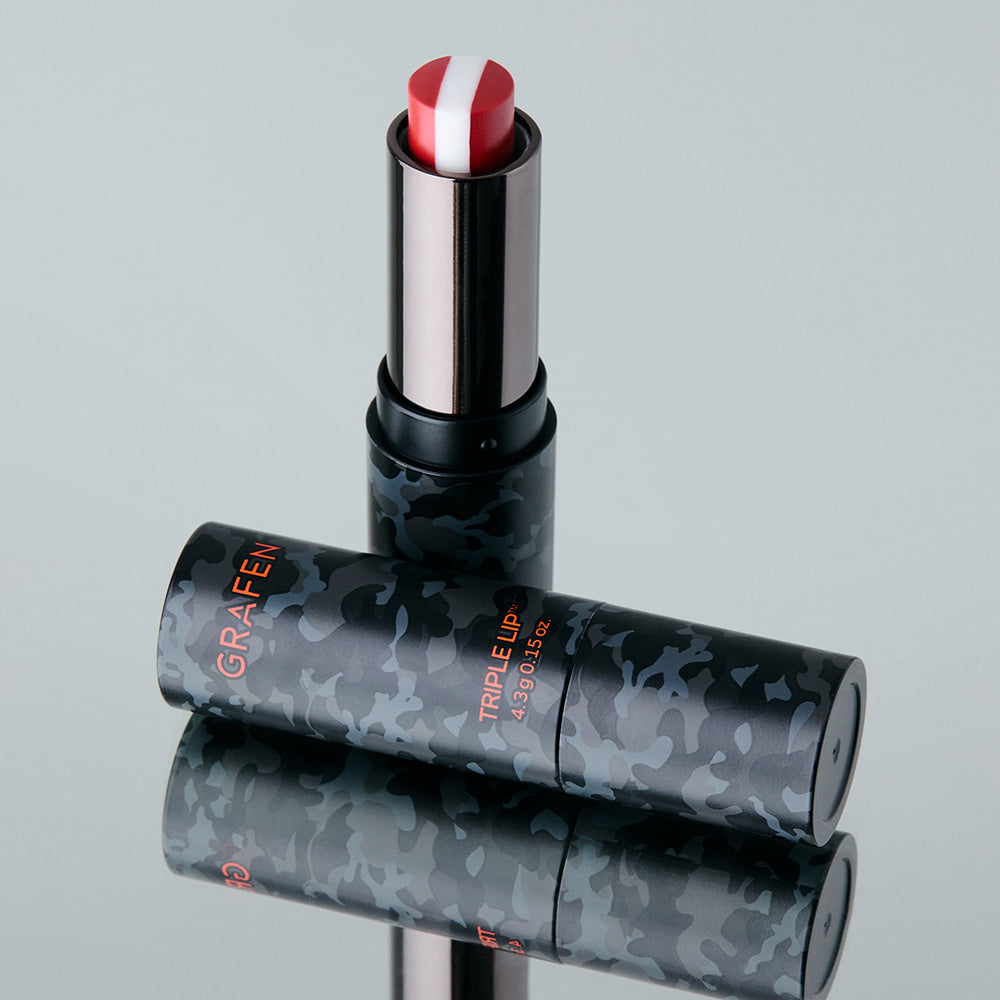 GRAFEN Triple Lip 4.3g - Gentleman Korea men’s skincare red & white striped balm in camo black tube, premium Korean lip care for gentlemen