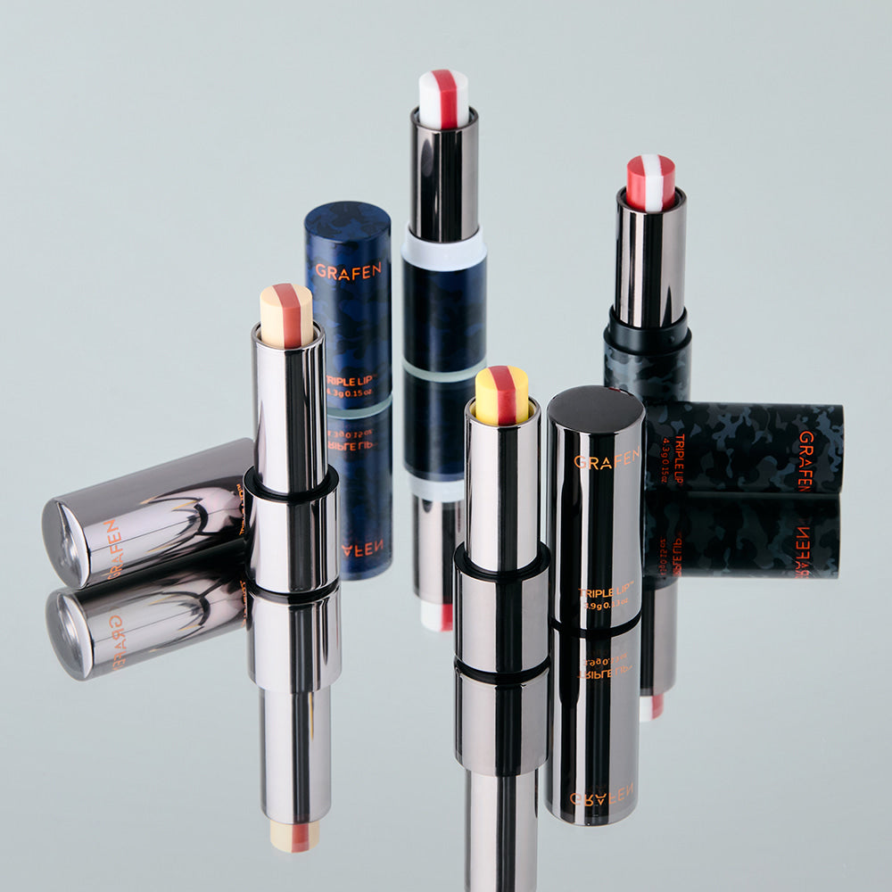 GRAFEN Triple Lip 4.3g stylish multi-tone lip balm set on reflective surface by Gentleman Korea for men’s skincare