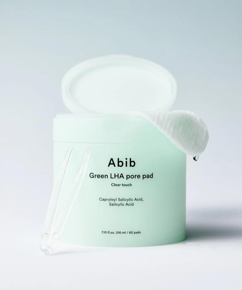 ABIB Green LHA Pore Pad Clear Touch 60 Sheets container with open lid and cotton pad