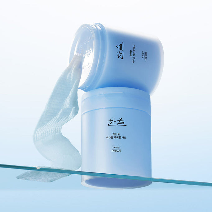 HANYUL Young Artemisia Extract Moisturizing Pad 60 Sheets in a blue container with pads for skincare hydration.