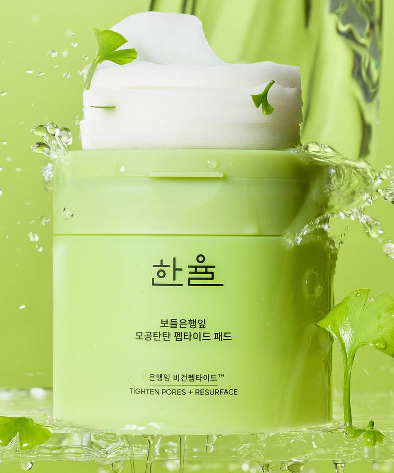 HANYUL Bodeunhaengip Pore Elasticity Peptide Pads 60 Sheets 100ml in green packaging with water splash and leaf accents