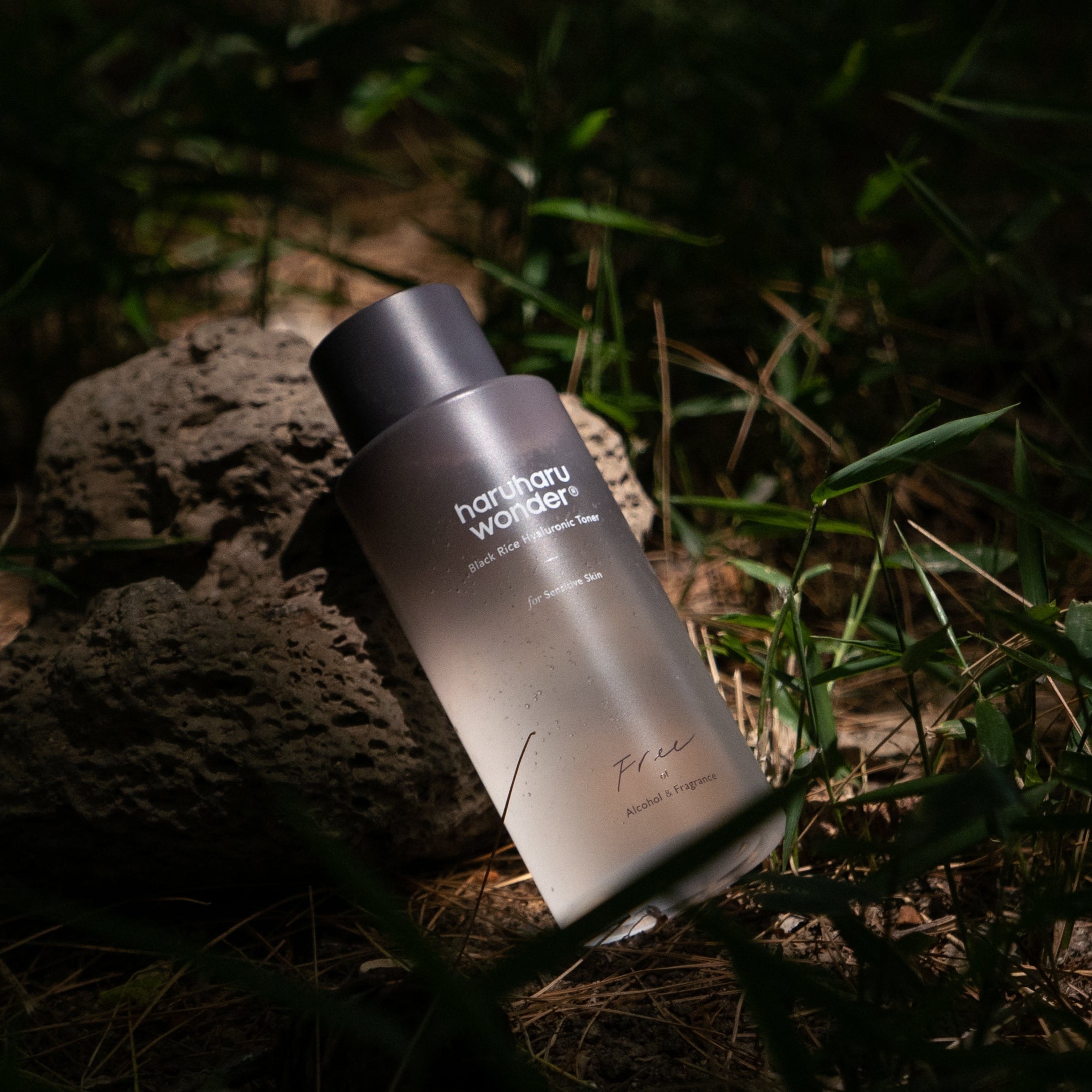 HARU HARU Black Rice Hyaluronic Toner Unscented 150ml bottle in a natural setting with rocks and grass