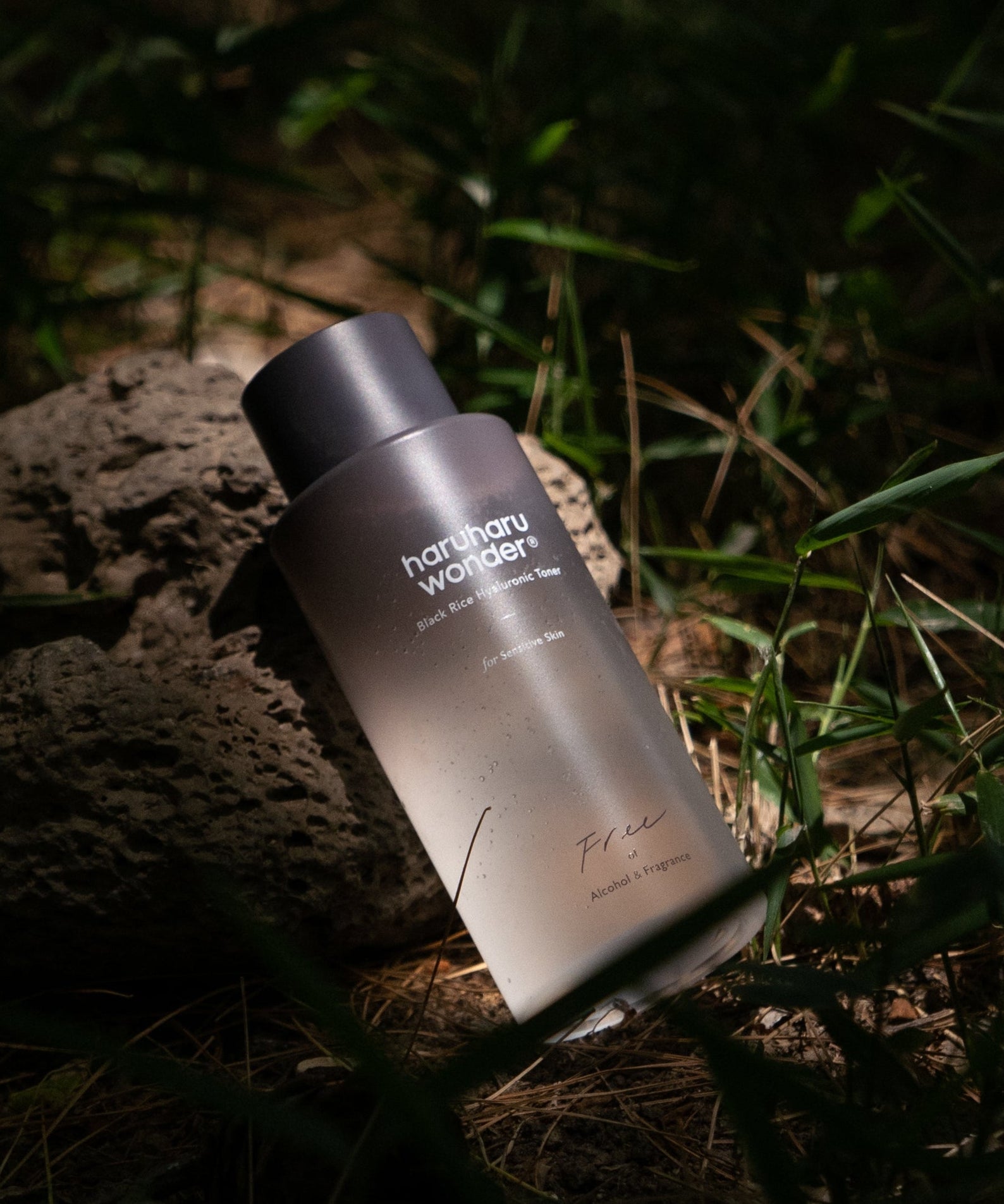 HARU HARU Black Rice Hyaluronic Toner Unscented 150ml bottle in a natural setting with rocks and grass