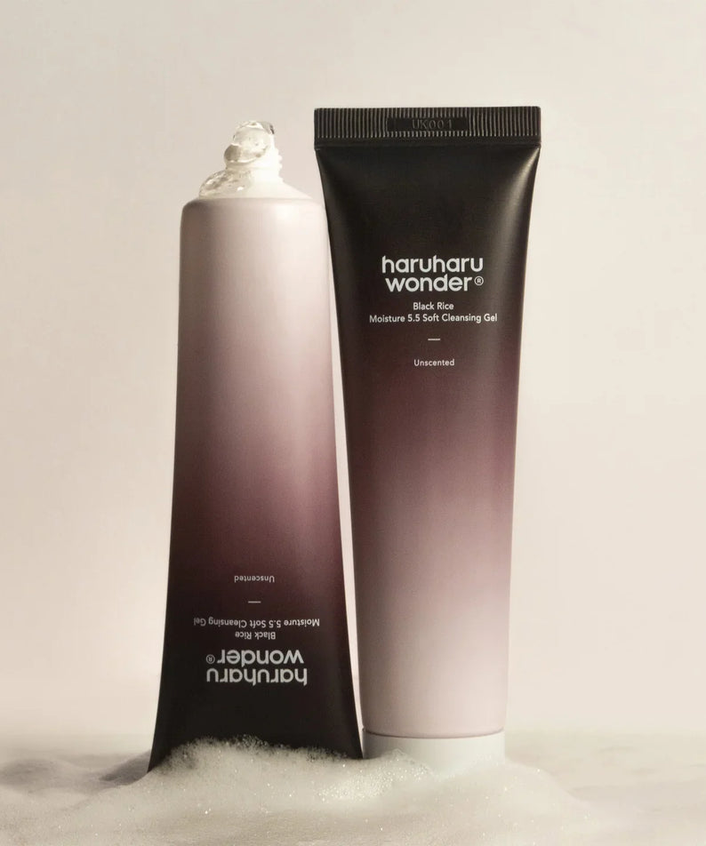HARU HARU Black Rice Moisture Mildly Acidic Soft Cleansing Gel 100ml in purple and white packaging on a cream background.