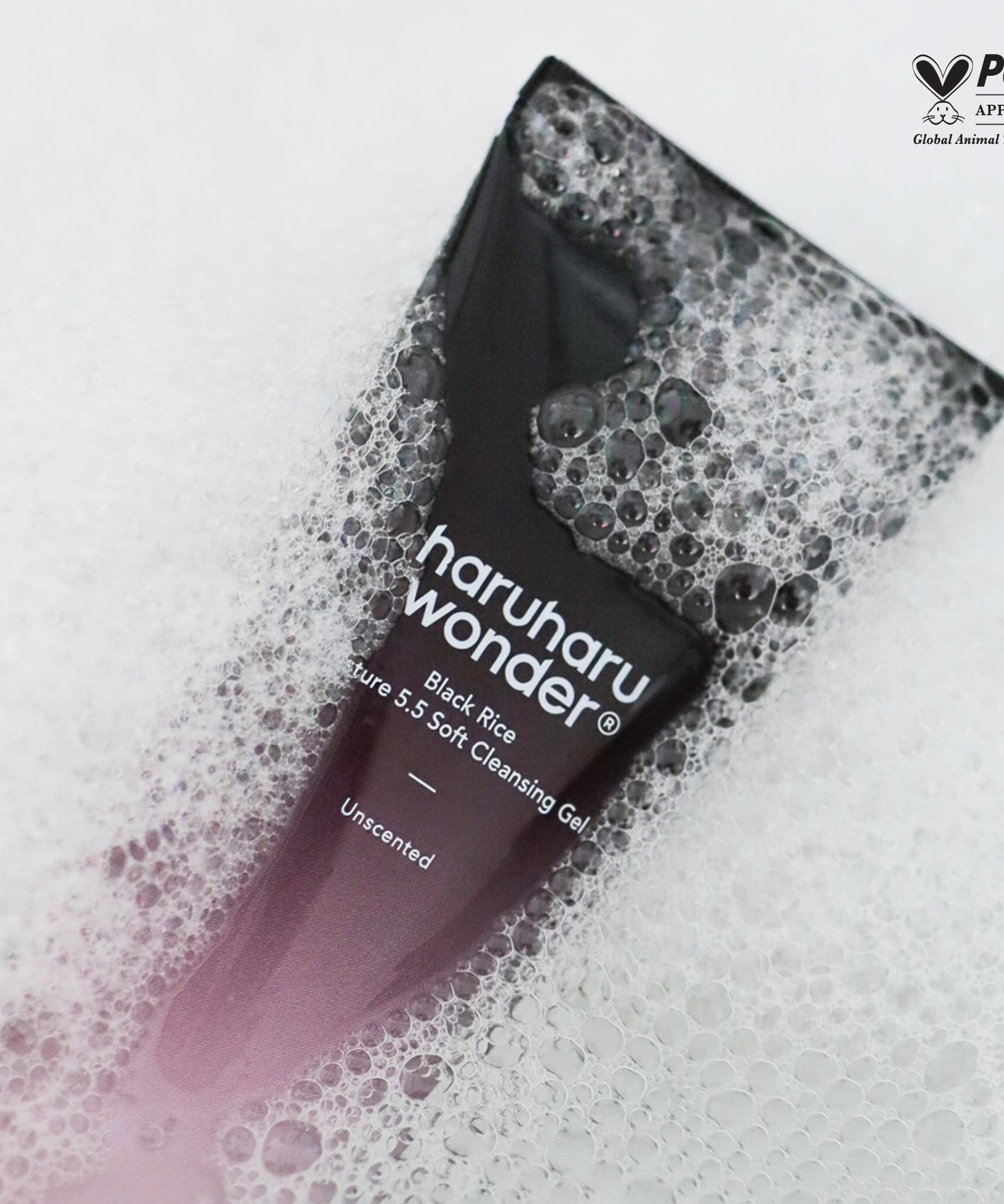 HARU HARU Black Rice Moisture Mildly Acidic Soft Cleansing Gel 100ml in packaging with bubbles, PETA approved.