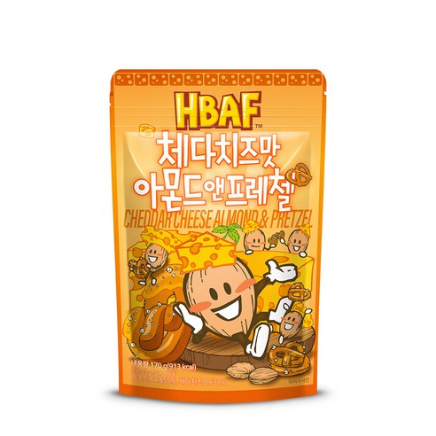 HBAF Cheddar Cheese Almond & Pretzel packaging with cartoon characters on orange background