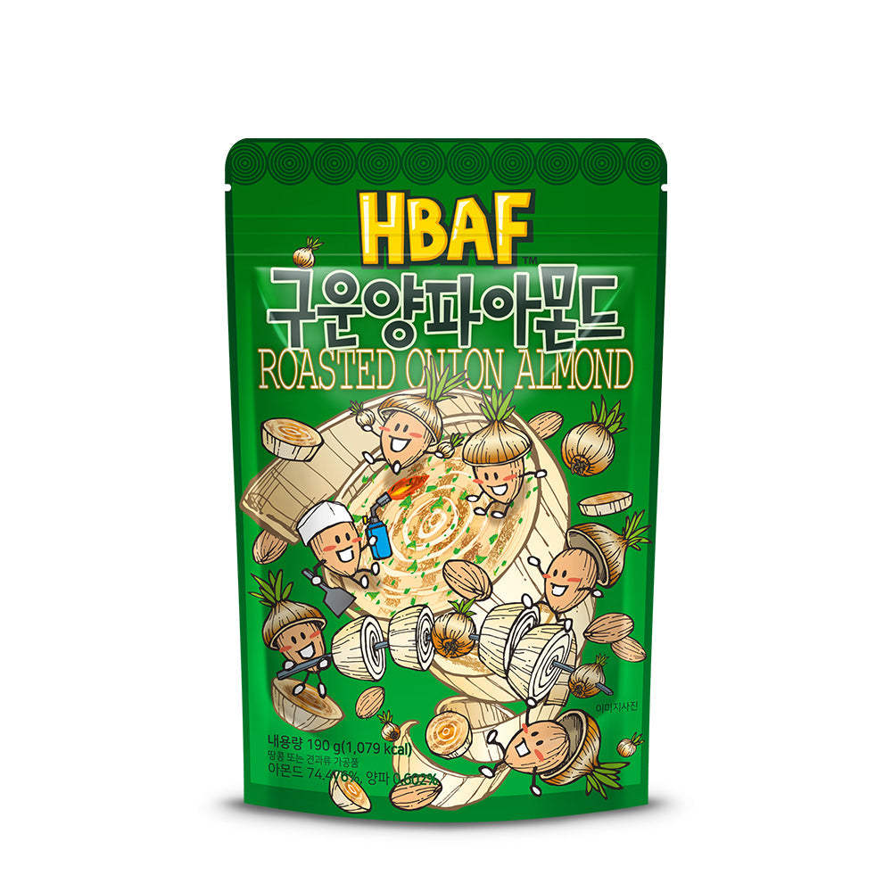 HBAF Roasted Onion Almond package front view with cartoon characters and onions.