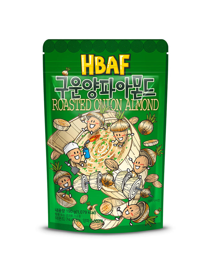 HBAF Roasted Onion Almond package front view with cartoon characters and onions.