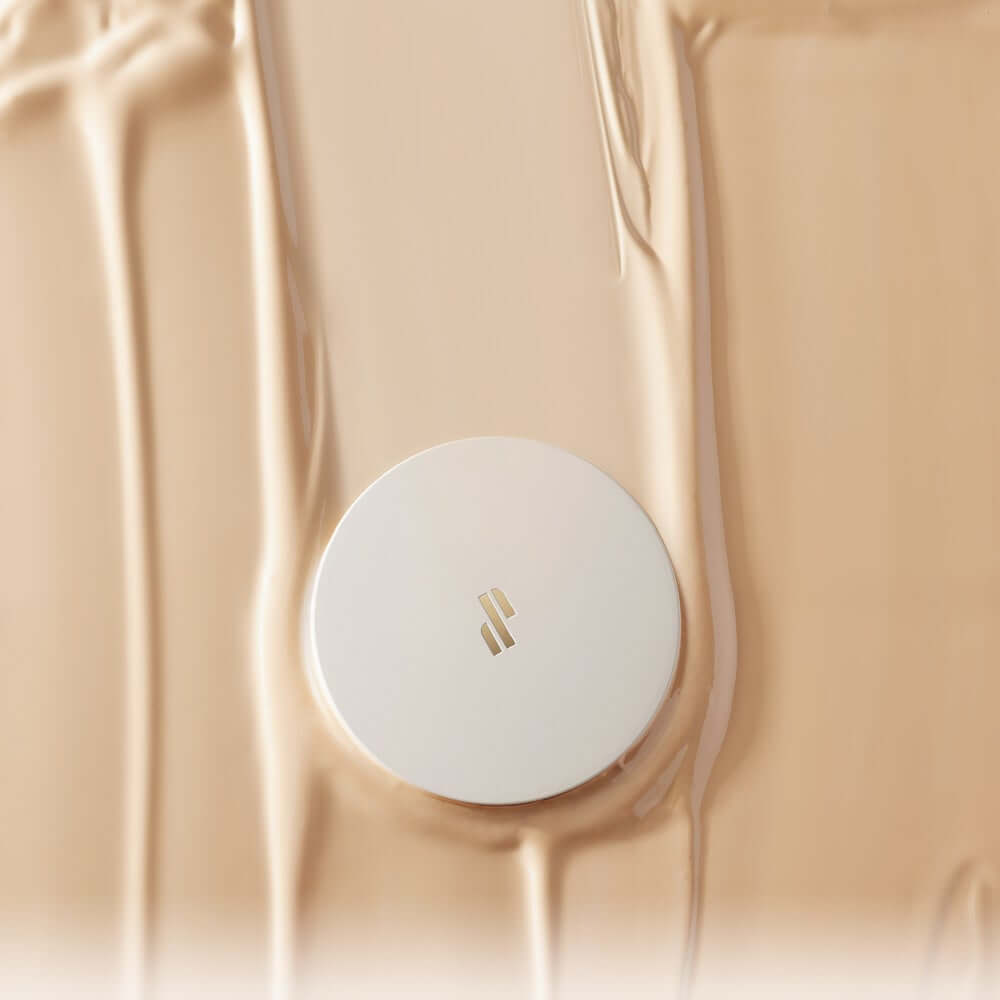 HEART PERCENT Dot ON Mood Layer Cushion on beige liquid background enhancing mood and style.