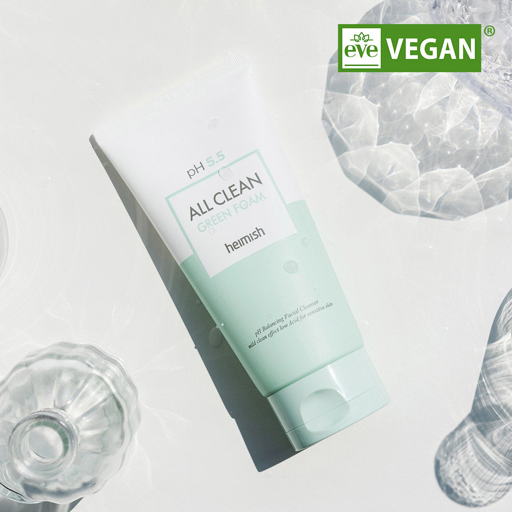 HEIMISH All Clean Green Foam 150g, vegan-certified facial cleanser with hydrating and calming effects, EWG Green certified, pH 5.5 balance.