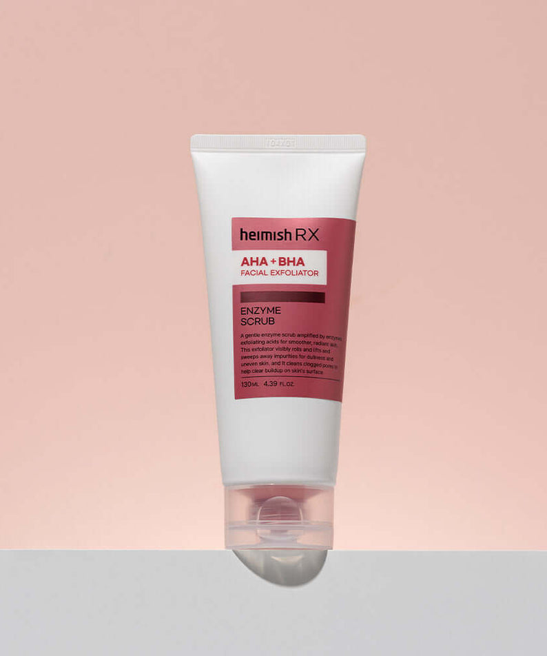HEIMISH RX AHA BHA Enzyme Scrub 130ml displayed against a peach background.
