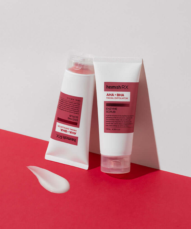 HEIMISH RX AHA BHA Enzyme Scrub 130ml product packaging with red and white design.