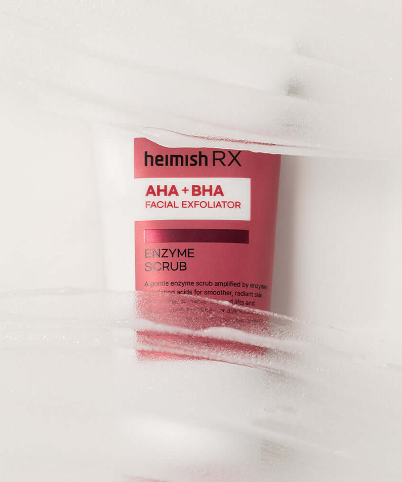 HEIMISH RX AHA BHA Enzyme Scrub 130ml tube on frosted surface.