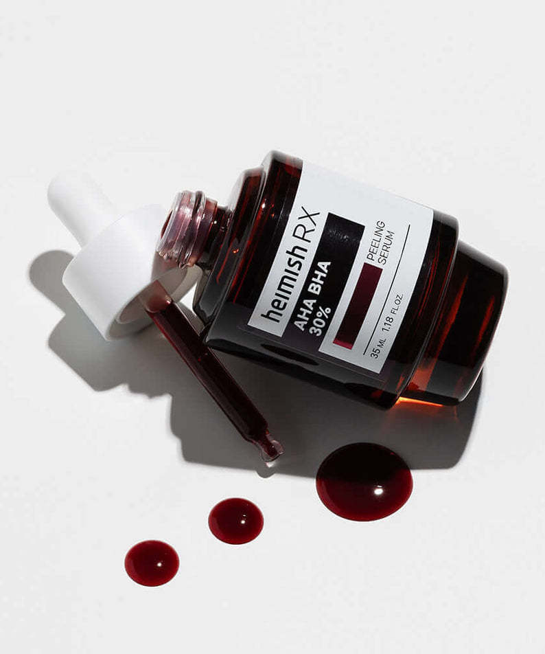 HEIMISH RX AHA BHA Peeling Serum 35ml bottle with dropper and liquid on white background