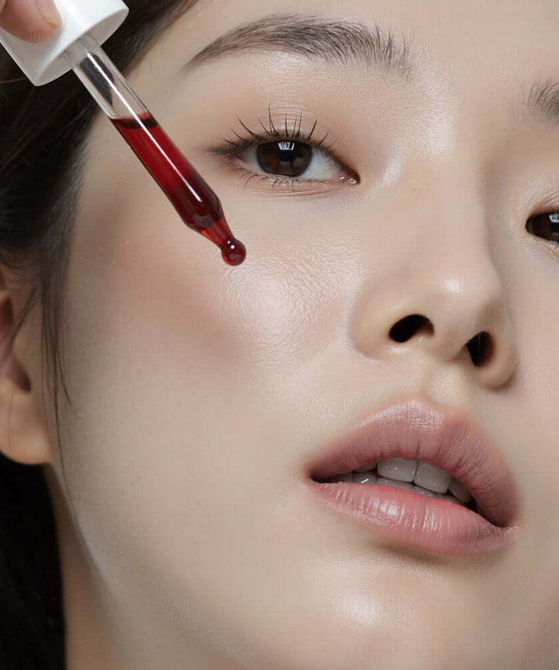 Model applying HEIMISH RX AHA BHA Peeling Serum 35ml on skin using a dropper, showcasing skincare routine benefits.