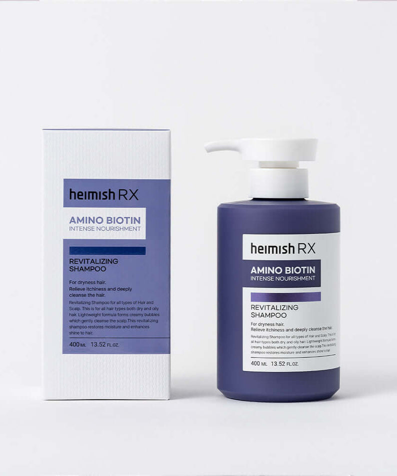 HEIMISH RX Amino Biotin Revitalizing Shampoo 400ml bottle and packaging on white background