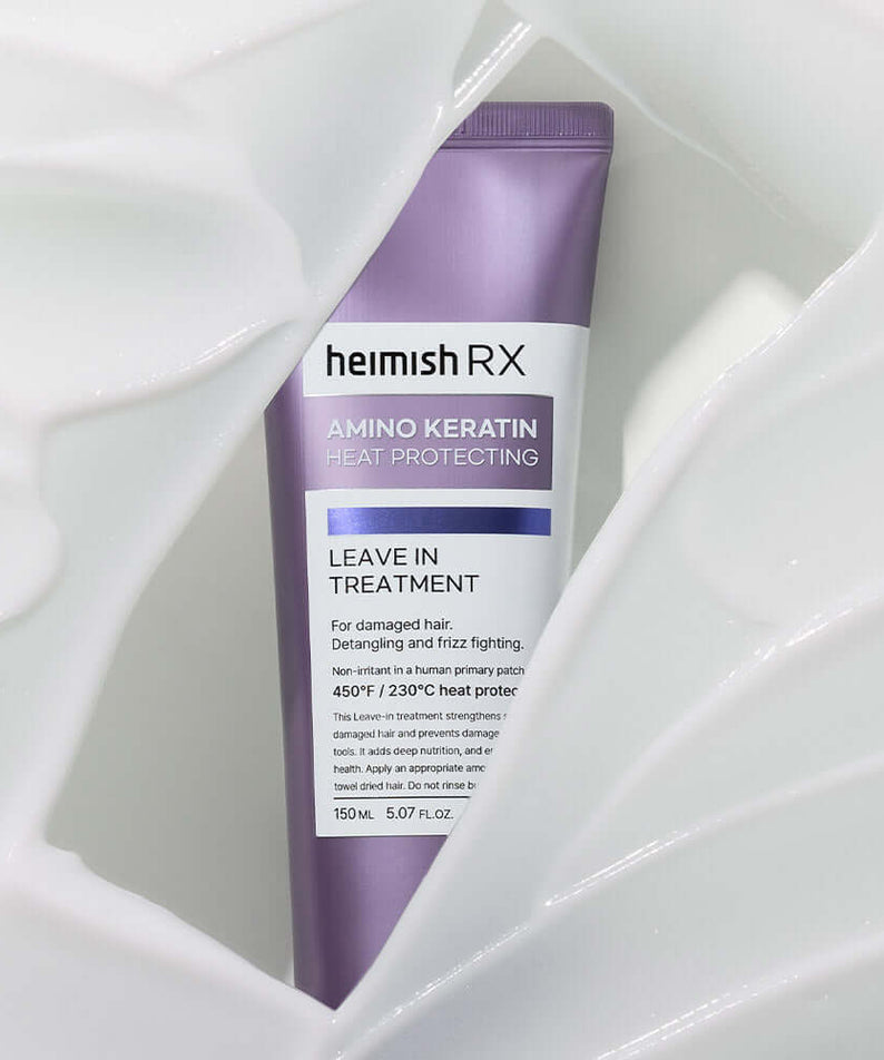 HEIMISH RX Amino Keratin Heat Protecting Leave-in Treatment 150ml tube on a white textured background.