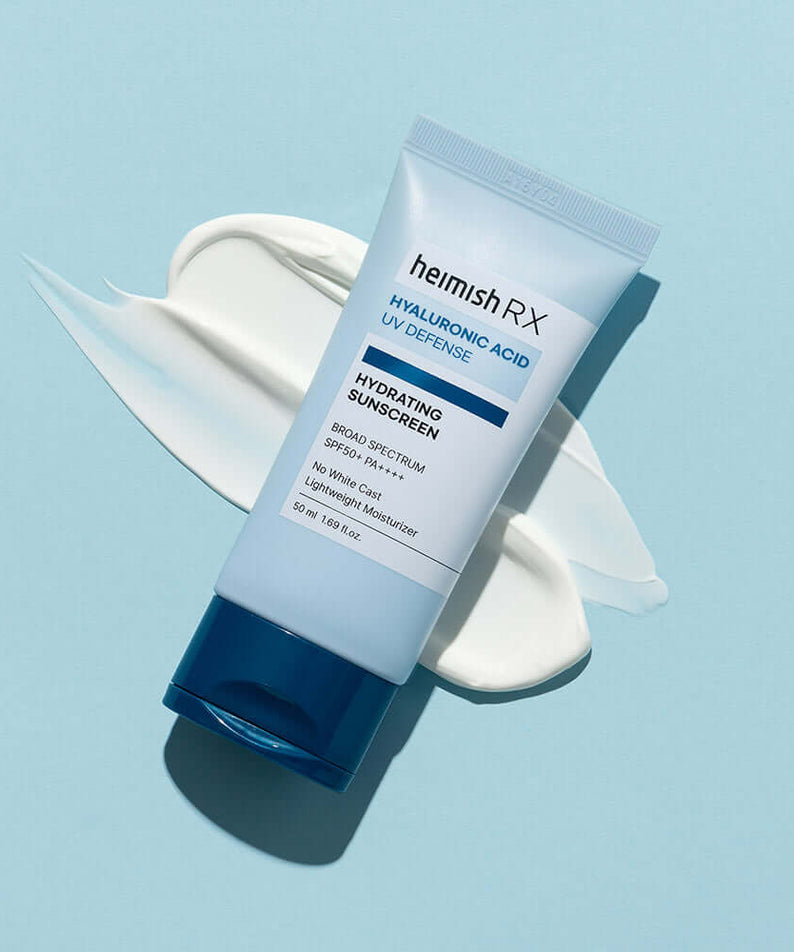 HEIMISH RX Hyaluronic Acid Hydrating Sunscreen SPF50+ PA++++ tube on light blue background