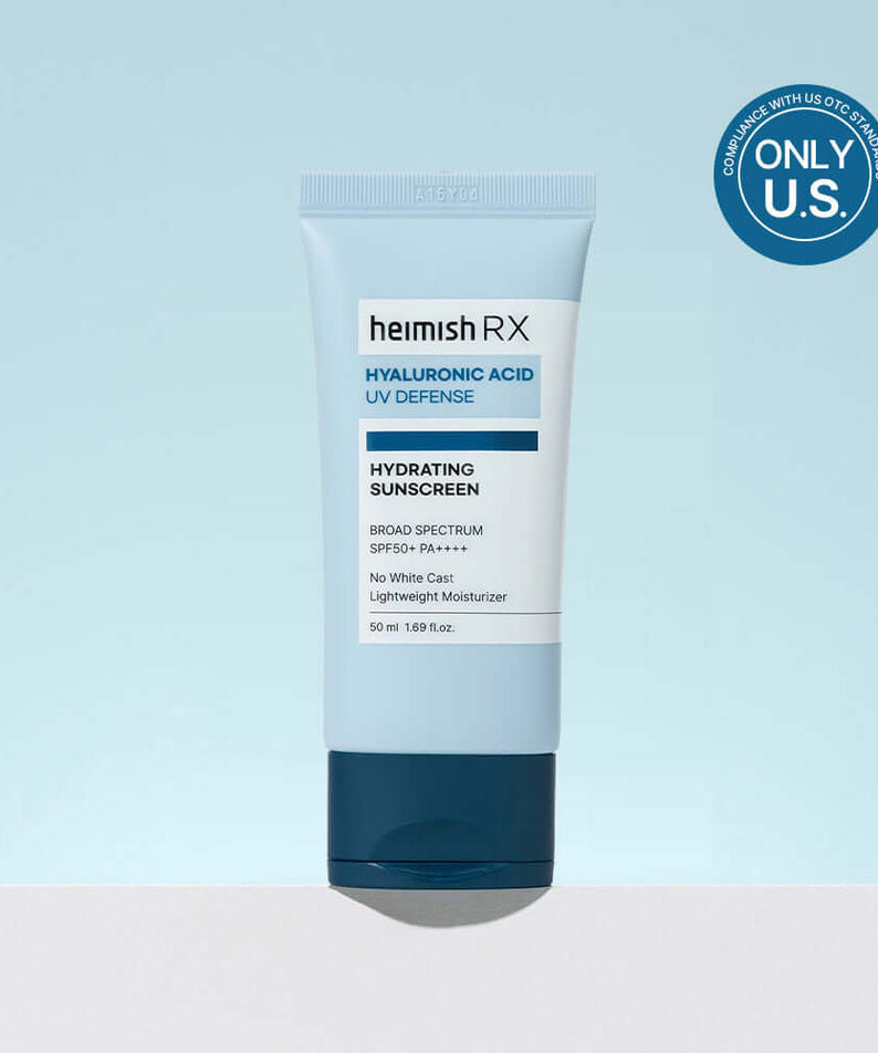 Image of HEIMISH RX Hyaluronic Acid Hydrating Sunscreen SPF50+ PA++++ tube with blue and white packaging on a light blue background.