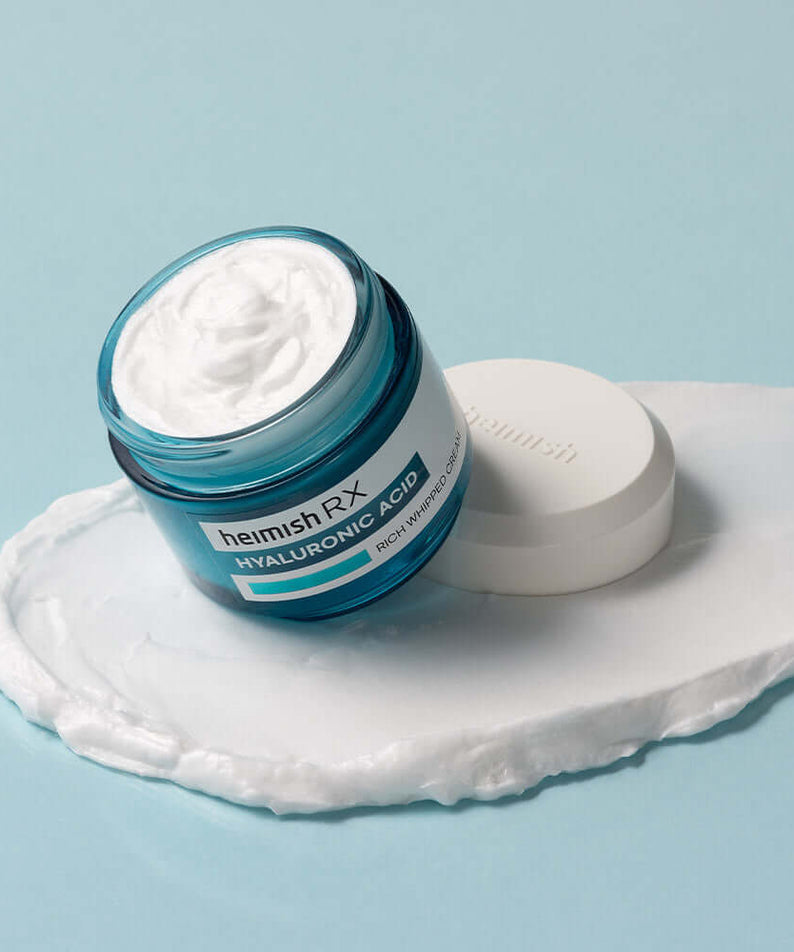 HEIMISH RX Hyaluronic Acid Rich Whipped Cream 50ml in a blue jar with cream texture on light background