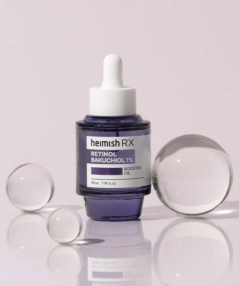 HEIMISH RX Retinol Bakuchiol Booster Oil 35ml bottle with transparent spheres.