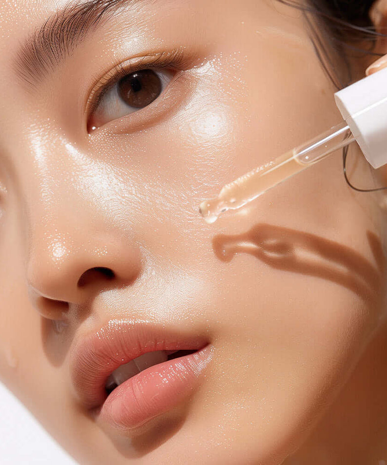 Close-up of a woman applying HEIMISH RX Retinol Bakuchiol Booster Oil 35ml with a dropper, enhancing skincare routine.