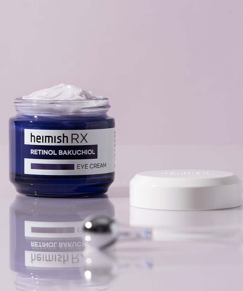 HEIMISH RX Retinol Bakuchiol Eye Cream 30ml jar with open lid on a reflective surface