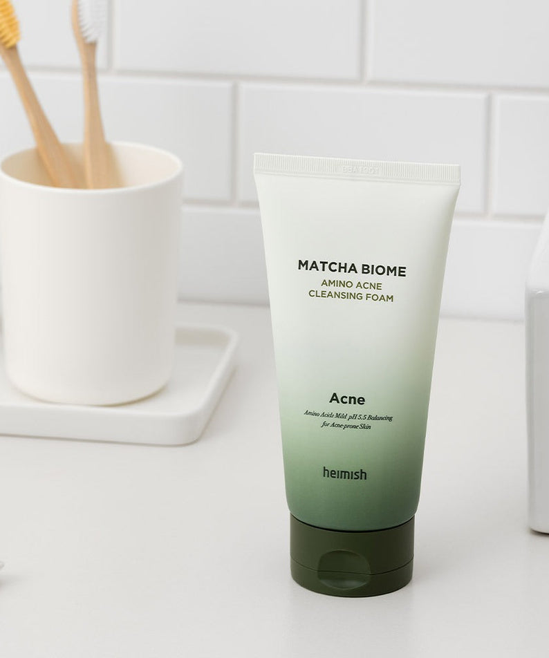HEIMISH Matcha Biome Amino Acne Cleansing Foam 150g on bathroom counter
